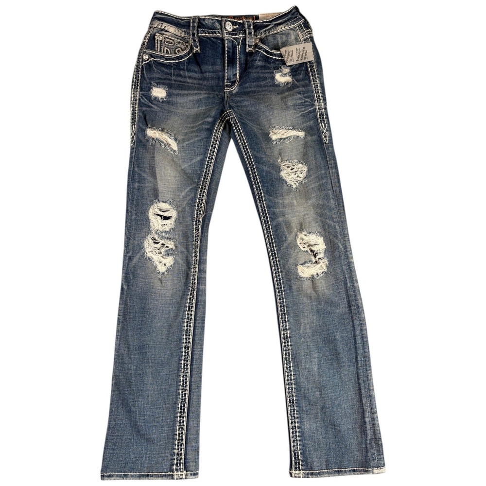 NWOT Rock Revival Ferry Straight Jeans Womens 26 Blue Distressed Y2K Midrise